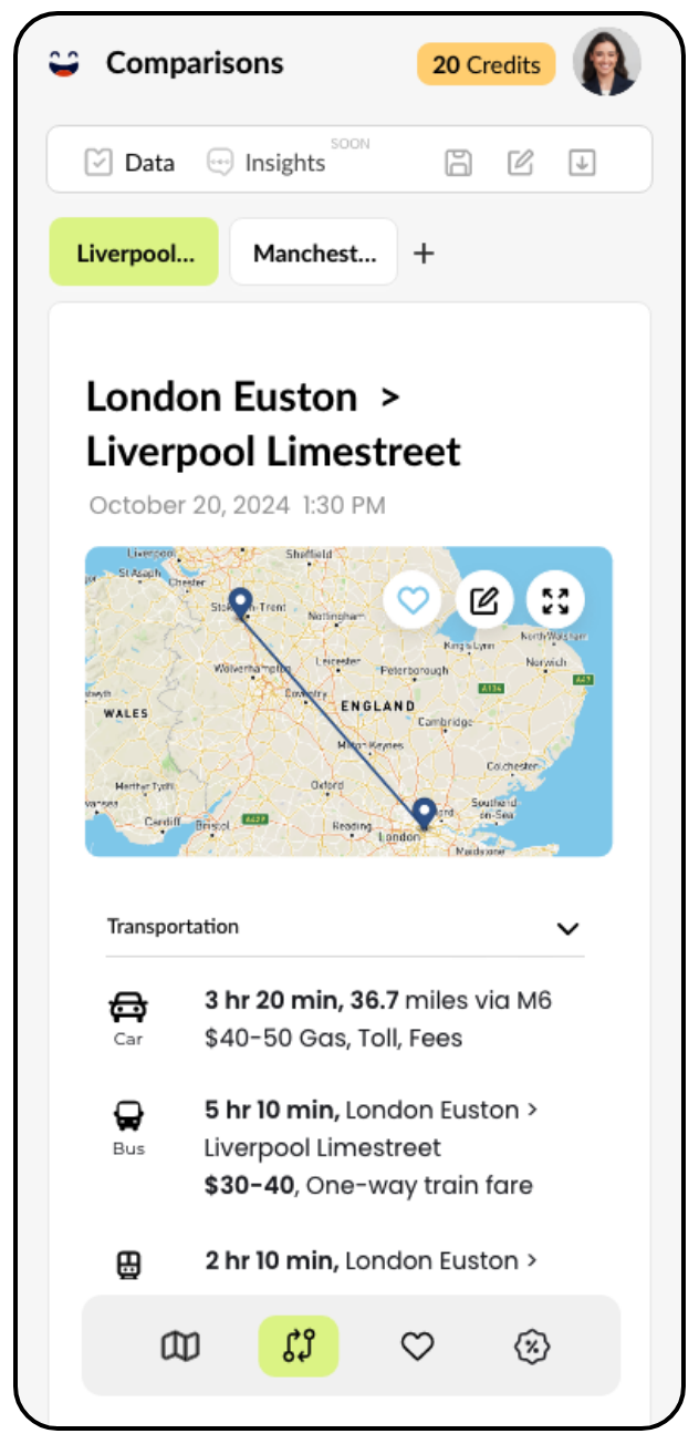 Destination Comparison mobile view